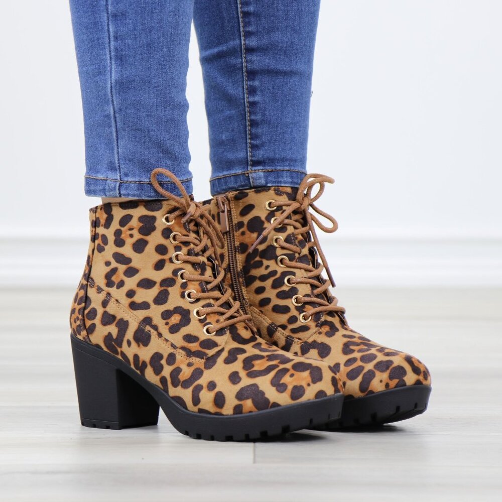 Leopard Print Ankle Boots Lace Up Side Zip Chunky Heel Rugged Sole Faux Suede